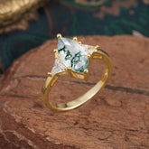 Marquise Cut Three Stone Moss Agate Engagement Ring Anniversary Gift for Women